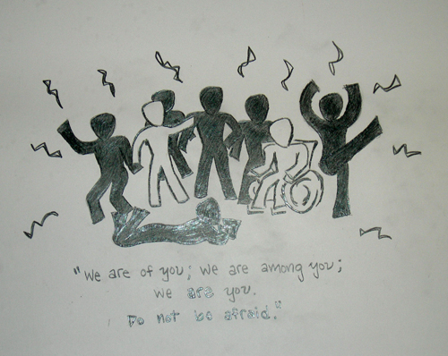 A drawing of people dancing, with the caption 